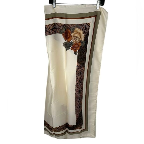 Ivory & Brown Vintage Rose Print Satin Blend Scarve - Picture 6 of 7